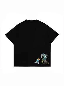Men's Minimalist Tom & Jerry Graphic Print Round Neck Short Sleeve T-Shirt, Summer - Black - View 2