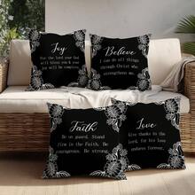 4pcs Minimalist Floral Border Black & White Bible Verse Printed Cushion Cover, Single-Sided Soft Peach Velvet Fabric, 45*45CM Pillow Case Suitable For Home Bedroom Living Room Party Holiday Decor, Sofa Decorative Throw Pillow Cover Gift, No Pillow Insert - Multicolor - View 7