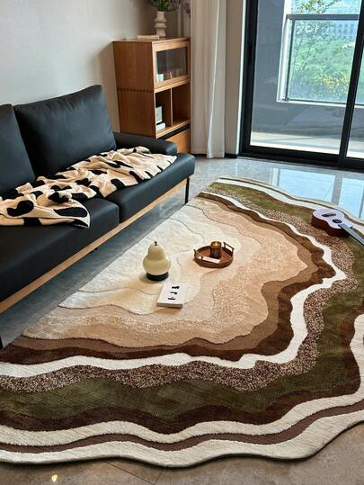1 stuk asymmetrisch golvend tapijt in Wabi-Sabi-stijl, geïnspireerd op de texturen van bergen en golven in de natuur, gelaagd in bruine, beige en groene kleuren, asymmetrische golvende contouren doorbreken het stijve gevoel en creëren een ontspannende en rustgevende sfeer, geschikt voor slaapkamer, studeerkamer, woonkamer en andere interieurdecoratie.