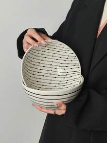 1pc Minimalist Geometric Line Pattern Ceramic Soup/Salad Bowl, Large Capacity Handpainted Line Design Dining Bowl - Multicolor - View 11