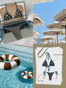 Swim Mod Bohemian Beach Vacation Bikini Two Pieces Set, Coffee & Beige Polka Dot With Contrast Tie Design Summer - Coffee Brown - View 4