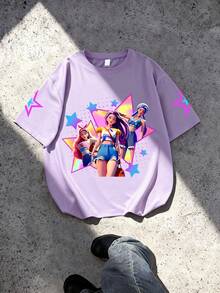 Girls Cartoon Girl & Star Pattern Round Neck Short Sleeve T-Shirt + Star Print Tight Shorts 2pcs Set, Spring/Summer New - Multicolor - View 3