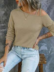 Women's Minimalist Jacquard Knit Sweatshirt, Asymmetrical Shoulder Fashion Sweatshirt, Ladies' Resort Wear, Spring/Autumn - Khaki - View 2