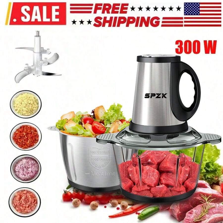 SPZTJK US Plug 3-Speed Food Chopper, Food Processor Electric Dough Mixer, 8 Cup Large Apacity Meat Grinder With Blades, Stainless Steel Mincer For Kitchen, Vegetable, Onion, Garlic, Salad, Fruit, Nuts - 美規A型插(110-127V) - 查看 1