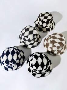 1pc Unisex Retro Diamond Pattern Faux Lamb Wool Bucket Hat, Warm Thick Bucket Hat Suitable For Casual, Commute, Party, Autumn/Winter - A - View 2