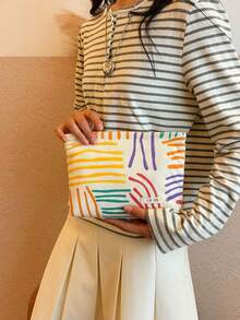 Portable Colorful Striped Cosmetic Bag/Organizer Makeup Bag Toiletry Bag Skincare Bag Wash Bag Toiletry Travel Bag Vacation Essentials For Women Travel Bags For Women Large Capacity Bag - Apricot - View 6