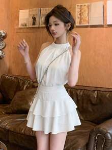 女士夏季无袖吊带背心和荷叶边迷你裙两件套 - 白色兩件套 - 查看 5