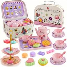 42pcs Luxury Children's Realistic Tea Set - Colorful Realistic Kitchen Utensils, Including Fancy Teapot, Cups, Plates And Desserts, Perfect For Afternoon Tea Party Play And Girls' Gift, Tea Set, Easter Gift - Pink - View 1