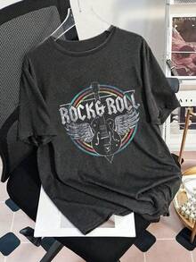 Camiseta de manga corta con estampado de letra de guitarra, talla grande, casual de verano - Gris Oscuro - Ver 6