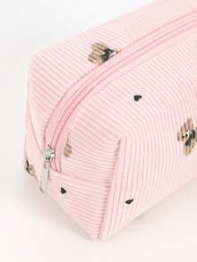 灯芯绒蝴蝶结设计铅笔盒，大容量拉链袋，带手提带，美观布艺笔袋，适用于学校和办公室用品收纳，便携式枕形文具包，适合日常使用 - 多色 - 查看 7