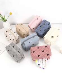 灯芯绒蝴蝶结设计铅笔盒，大容量拉链袋，带手提带，美观布艺笔袋，适用于学校和办公室用品收纳，便携式枕形文具包，适合日常使用 - 多色 - 查看 6