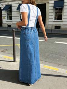 Women's Non-Stretchy Solid Denim Maxi Dress - Elastic Waist Button-Strap Functional Pockets Loose Comfort Daily Casual Dress - 中等水洗藍 - 查看 3