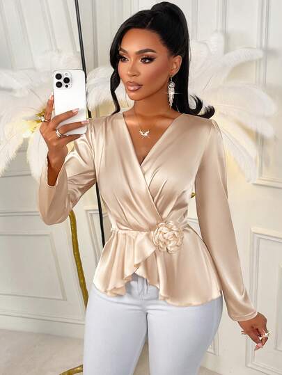 AIJ Amarilo Women's Champagne Satin V-Neck Blouse – 3D Floral Detail, Ruffle Peplum Hem – Ideal For Daily Commute, Elegant Office Top, Valentine's Day Date, Wedding Guest & Spring Cocktail Party