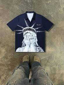 Áo sơ mi nam tay ngắn in hình Tượng Nữ thần Tự do theo phong cách đường phố, kiểu dáng độc đáo, đa năng, mang hơi hướng người nổi tiếng, thích hợp cho mùa hè, lễ Phục sinh và kỳ nghỉ biển. - Xanh đậm - Xem 8
