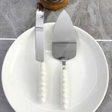 2pcs Pearl Ceramic Handle Stainless Steel Cake Server And Knife Set, Baking Tools, Pizza Spatula Pastry Scoop, Cake Cutter Tool, Suitable For Weddings, Birthdays, Parties - Perfect For Christmas, Thanksgiving, Father's Day, Mother's Day, Children's Day, Valentine's Day, Graduation Multifunctional Kitchen Utensils - 銀色蛋糕鏟 2 件裝 - 查看 1