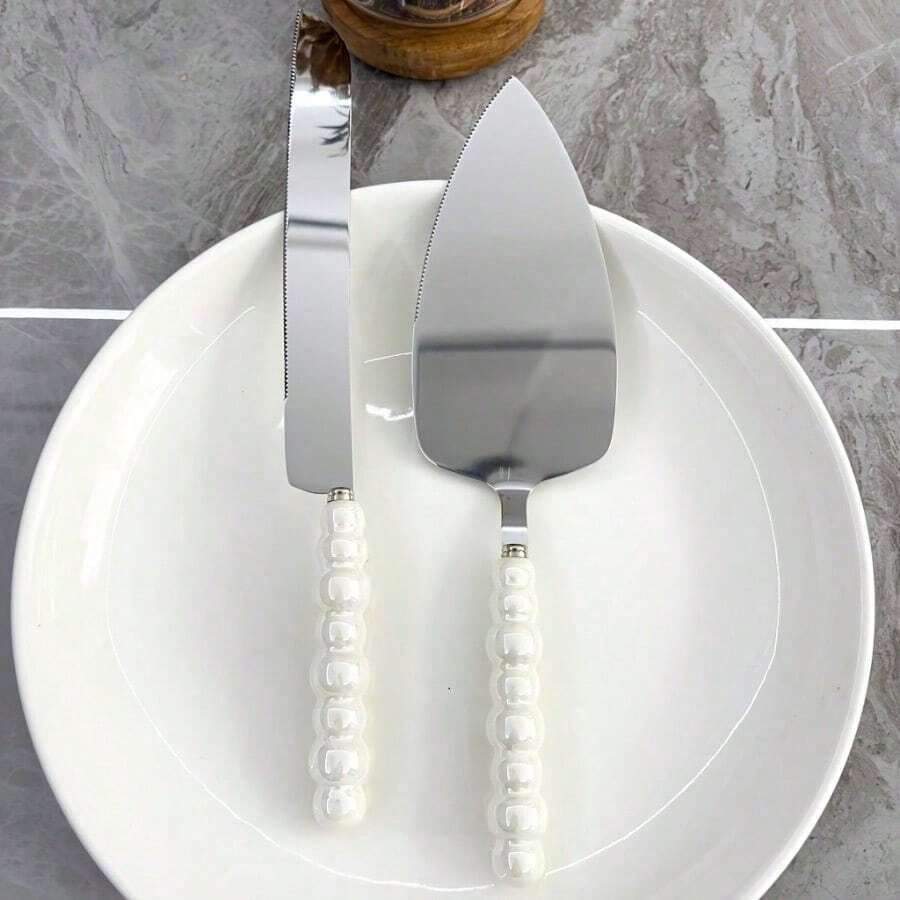 2pcs Pearl Ceramic Handle Stainless Steel Cake Server And Knife Set, Baking Tools, Pizza Spatula Pastry Scoop, Cake Cutter Tool, Suitable For Weddings, Birthdays, Parties - Perfect For Christmas, Thanksgiving, Father's Day, Mother's Day, Children's Day, Valentine's Day, Graduation Multifunctional Kitchen Utensils - 銀色蛋糕鏟 2 件裝 - 查看 1