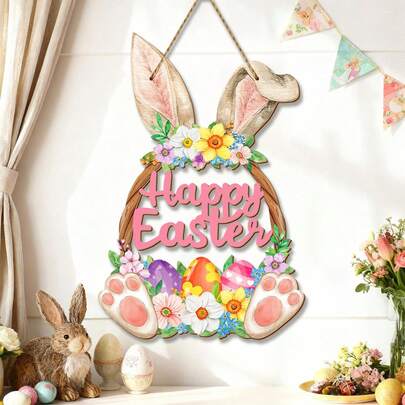 1pc Wooden Easter Decoration Door Wreath For Front Door Sign Wall Signs Rabbit Spring Decoration, Hollow Bunny Sign Flower Egg Welcome Hanging For Home Wall Decor Party Outdoor Indoor Supply Happy Easter