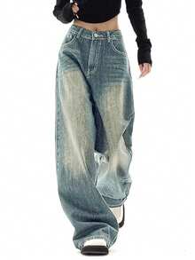 Jeans For Women Wide Leg Baggy Jeans High Waist Y2K Cargo Pants Casual Loose Boyfriends Trousers Vintage Streetwear - 水洗藍 - 查看 2