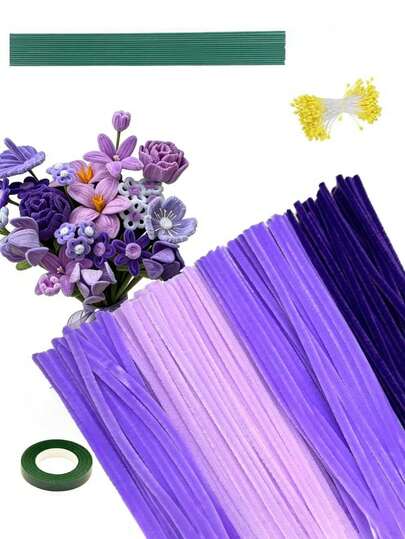 312pcs Purple Fluffy Flower Stem Handmade Craft Kit, Tubular Cleaning Agent Handmade, DIY Flower Making Set - Three Gradient Purple Colors Including Flower Stems, Stamens And Ribbons, Suitable For DIY Handicrafts, Floral Design And Creative Projects