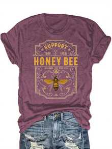 "Support Local Beekeepers" Vintage Bee & Hive Print Tee | Soft Blended Crewneck For Nature Lovers, Casual Summer & Beekeeping Events | Comfy, Machine Washable - 酒紅色 - 查看 1