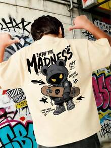 男童及青少年休闲印花圆领短袖T恤，夏季上衣 - 杏色 - 查看 1