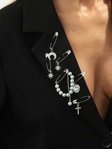 6 Pieces Of Fashionable And Versatile Multi-Functional Fixed Pins, Simple And Fashionable Heart-Shaped Suit Brooch Set, Personalized Faux Pearl Pendant Ladies' Pins - Brooch Set - View 3