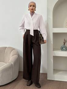 Livesso Women's Bow Collar Fitted Casual Commuter Shirt Long Sleeve - Apricot - View 3