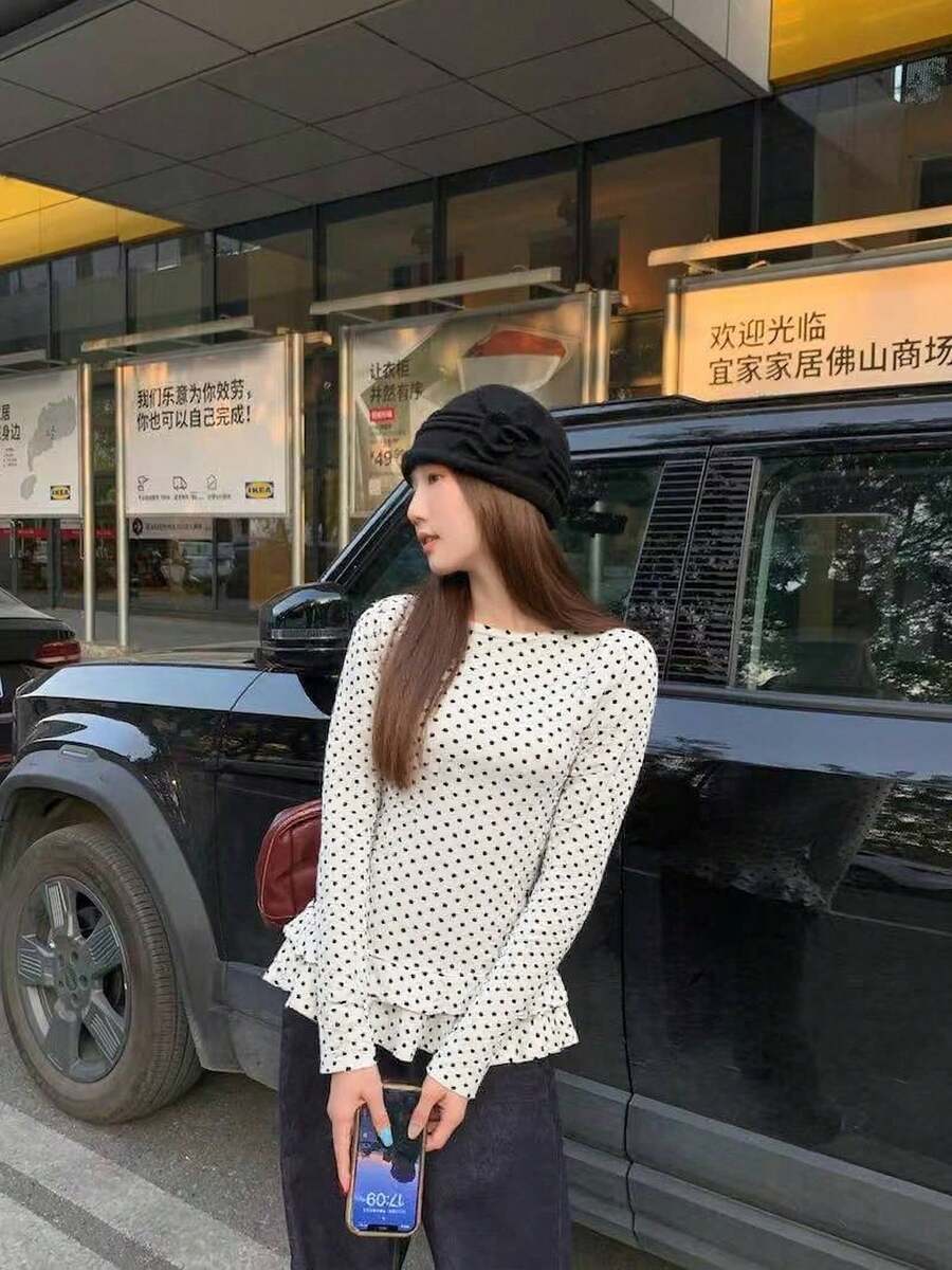 Women's Sweet Style White Polka Dot Long Sleeve T-Shirt, Elegant Ruffled Hem Slim Fit Layering Top, Lightweight Autumn Wear Spring - Light Grey - View 1