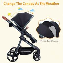 2-en-1 cochecito de bebé con cesta de Moisés para bebés y recién nacidos de 0 a 36 meses, cochecitos plegables ligeros de viaje con paraguas, cochecitos compactos con asientos reversibles para niños pequeños - Negro - Ver 3