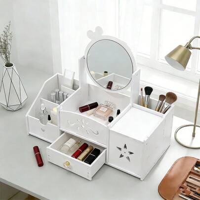 Hộp đựng đồ trang điểm bằng gỗ dung tích lớn có gương, hộp đựng đồ trang điểm nhiều tầng chia ngăn, lý tưởng để đựng son môi, cọ trang điểm, sản phẩm chăm sóc da và trang sức trên bàn trang điểm.