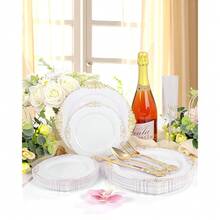 102PCS White And Gold Plastic Plates - Heavy Duty Gold Disposable Plates Include 51PCS 7.5inch Dessert Plates, 51PCS 10.25inch Dinner Plates For Wedding & Parties - 金色 - 查看 3
