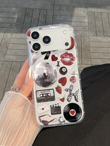 Y2K复古迪斯科球与嘴唇唱片混合印花透明软TPU手机壳，适合女孩日常使用，也可作为朋友礼物。兼容 11、13 Pro Max、15、17、17 Pro Max以及Galaxy S24 Ultra、S25 Ultra。 - 無色 - 查看 3
