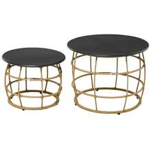 Set Of 2 Side Tables, Coffee Table, Hand-Woven With Tabletop For Garden Or Balcony, Ø46 Ø60 Cm, Sand - Black - View 1