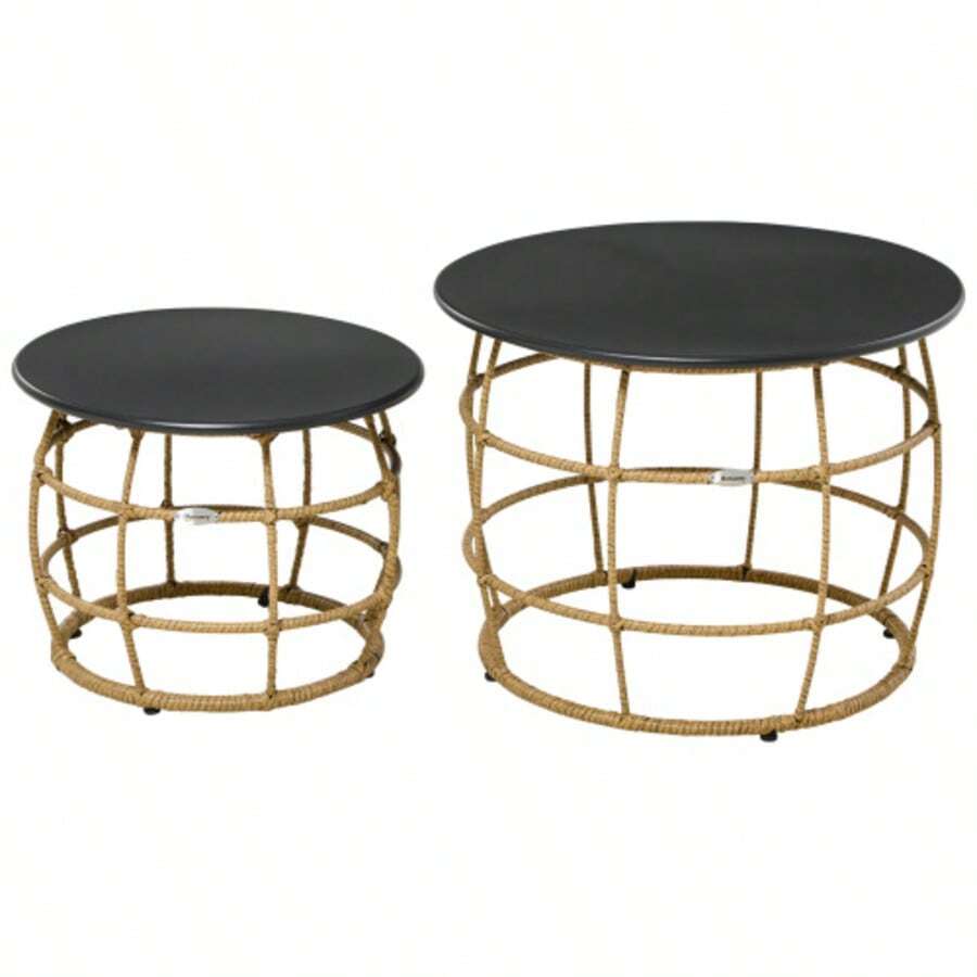 Set Of 2 Side Tables, Coffee Table, Hand-Woven With Tabletop For Garden Or Balcony, Ø46 Ø60 Cm, Sand - Black - View 1