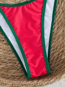 2025 New European & American Style Women's Sexy Fashion Plaid Print Halter Tie Triangle Top And Side Tie Bottom Beach 2-Piece Bikini Set Vacation Summer - Red - View 7