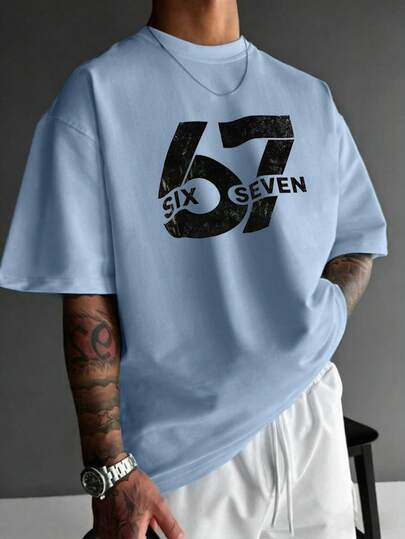 男士休闲时尚街头风67数字印花短袖T恤，适合夏季穿着