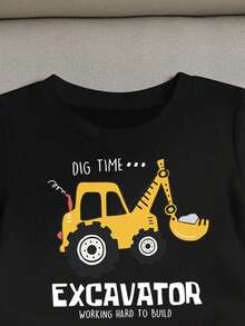 2pcs/Set Toddler Excavator Print Round Neck Short Sleeve Black T-Shirt And Yellow Shorts Casual Outfit - Yellow - View 3