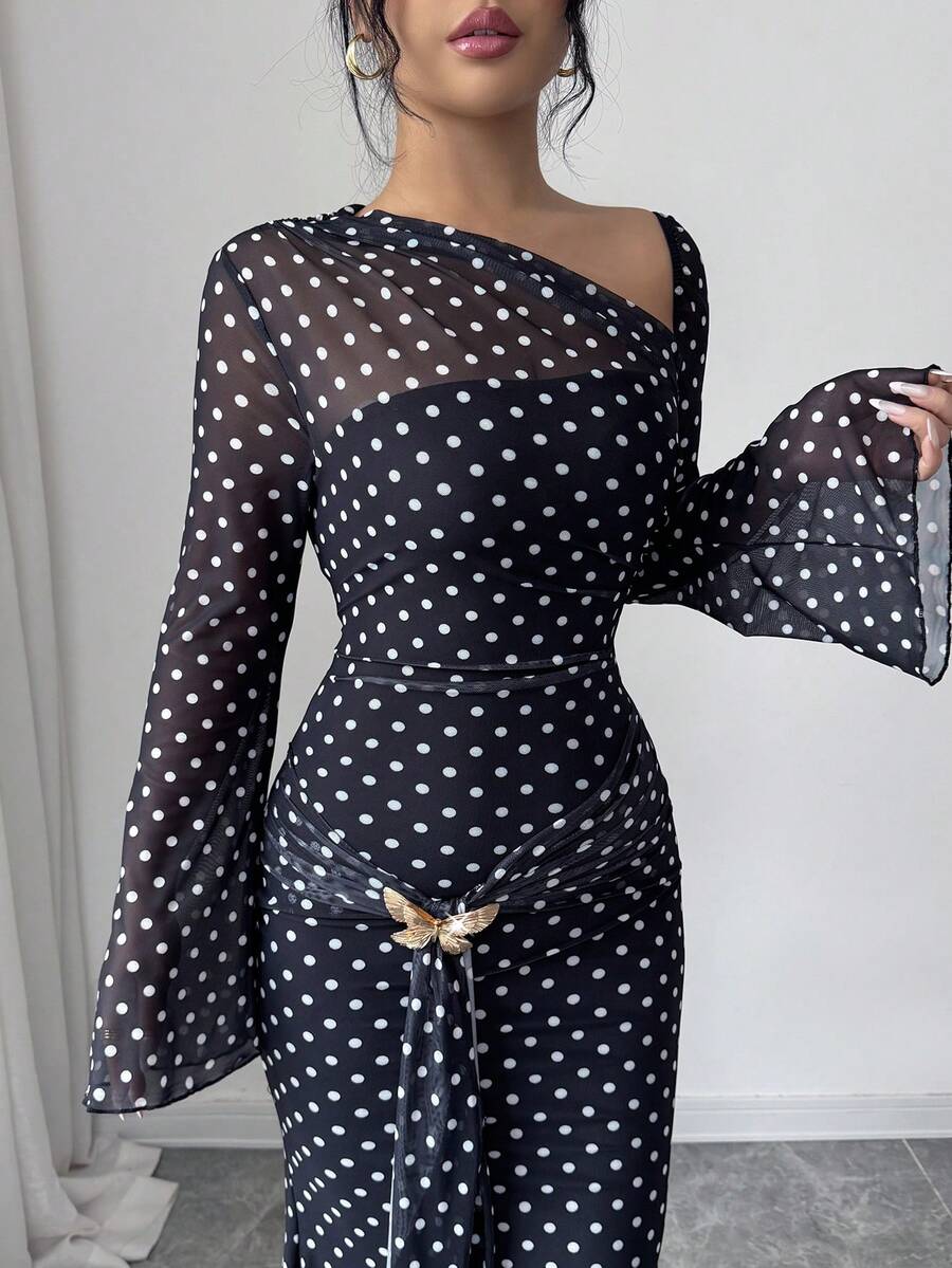 Vestido de mujer con manga larga, cuello asimétrico, lunares, decoración de metal en forma de mariposa y cola de pez, vestido elegante de estilo árabe, vestido para invitada de boda, atuendo de verano para vacaciones - Negro - Ver 1