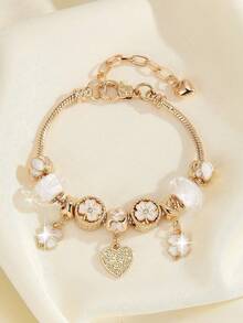 1件简约时尚水钻镂空心形、三叶草、粉色花朵、蜜蜂吊坠手链，适合女孩日常佩戴。 - 彩色 - 查看 10