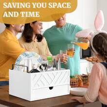 Paper Plate Dispenser With Drawer, Paper Plate Holder For Kitchen Counter, Wood Rustic Silverware Utensil Caddy, Cutlery Flatware Organizer For Cup Spoon Fork Plates Napkins, White Kitchen Accessories - 白色 - 查看 5