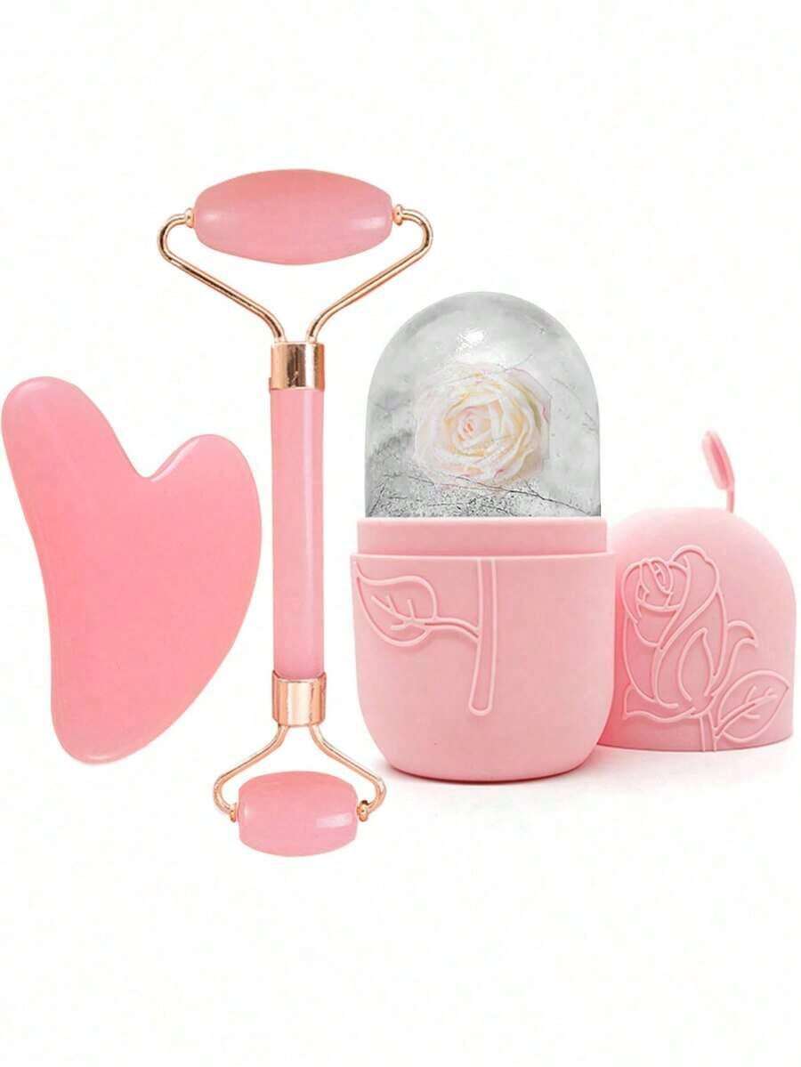 3-Piece Ice Massage Roller Set - Facial Skincare Ice Massage Roller Kit, Facial Massage Tool, Silicone Ice Massage Roller, Rose Quartz Roller Massager With Gua Sha Board, For Relieving Facial And Eye Puffiness, Facial Massager, Contour Shaping, Skin Care And Radiance, Suitable For Eyes, Neck And Face, Ice Massage Roller Mold Cube - Skincare Tools. Summer Ice Massage Products, Office Supplies, Study Supplies, Travel Essentials. - 綠色 - 查看 1
