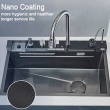 Fregadero de cocina con pantalla digital de temperatura, fregadero de cocina de acero inoxidable con recubrimiento nano, grifo abatible con 4 modos de agua, lavavajillas y dispensador de jabón, fregadero grande de un solo seno - Gris Oscuro - Ver 6