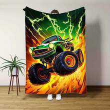 1pc Monster For Truck On Fire HD Printed Flannel Blanket - Heavy Duty 280GSM All-Season Soft Warm Throw, 60x80in Large Bedspread For Couch, Bed, Camping - Green & Orange Monster For Truck With Flames Design, 3 Sizes (30x40in, 50x60in - White - View 2