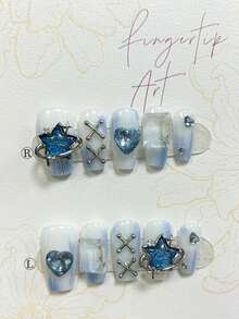 10片柔和法式蓝色晕染手工按压式美甲贴片，饰有水钻、蓝宝石、爱心和星星，周围环绕着梦幻般的假指甲贴片，美甲用品（1张果冻贴纸+1个指甲锉） - 藍白色 - 查看 4