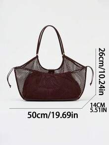 大容量女士沙滩包，镂空网眼沙滩手提包，户外旅行度假收纳包 - 酒紅色 - 查看 2
