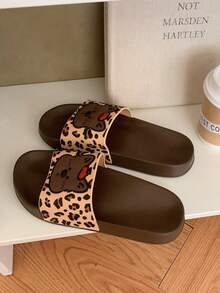 XIXITIAO 1双可爱时尚豹纹拖鞋，配有红色帽子小狗图案，软底沙滩凉鞋，百搭可爱休闲轻便家居拖鞋 - 棕色 - 查看 10