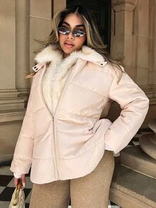 女士连帽毛领拼接休闲通勤羽绒服，秋冬款 - 杏色 - 查看 1