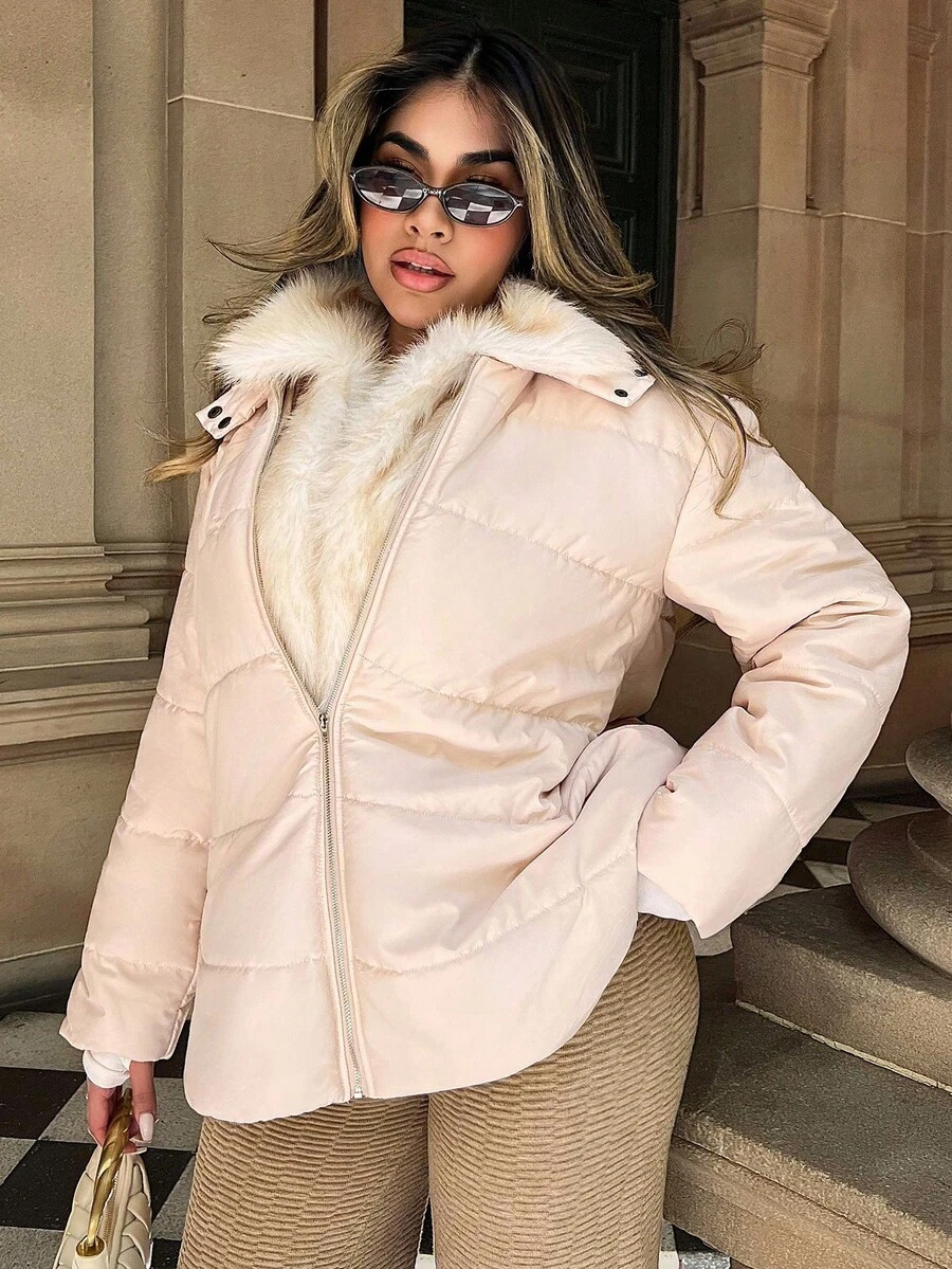 女士连帽毛领拼接休闲通勤羽绒服，秋冬款 - 杏色 - 查看 1