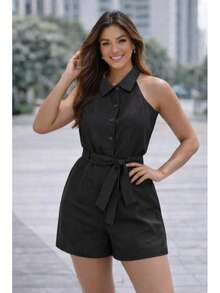 Women's Short Jumpsuit, Regular Fit, With Belt, Louis Twill Fabric, Buttons Down The Front, Vacation Style. - Black - View 1
