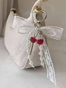 1pc Lace Bow & Faux Pearl Keychain Wallet Pendant Y2K Faux Pearl Decor Bag Charm Shoe Accessory Bow Decoration Cherry Kawaii Key Lanyard Boho Beach Essentials - White - View 7